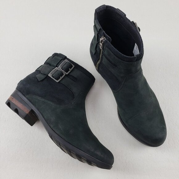 Sorel Lolla Waterproof Ankle Boot Womens 9 Black Leather Side Zip Buckle Moto - Picture 1 of 14